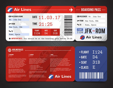 登机牌成彩色现实的登机牌成与航空公司的时间名称的机票矢量插图图片