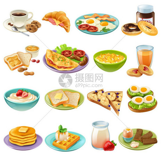 早餐早午餐菜单食物图标早餐早午餐健康开始日选项食品现实图标收集与咖啡煎蛋孤立矢量插图图片