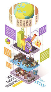 数据分析等距信息数据分析等距信息图表与全球信息图表统计人员服务器基础设施编程矢量插图图片