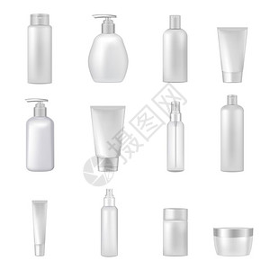 化妆品瓶管空透明套空的透明化妆品瓶,罐子管,喷雾分配器,用于美容保健品,逼真的图像收集矢量插图图片