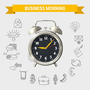 商业晨轮作文商业上午圆形构图与黄色丝带3D闹钟手绘图标矢量插图图片