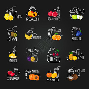 新鲜水果彩色黑板图标新鲜彩色水果浆果黑板菜单与石榴桃冰沙椰子蓝莓汁广告海报矢量插图图片
