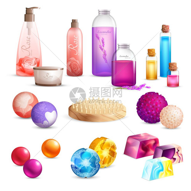 沐浴美容产品套装沐浴手工化妆品成与套五颜六色的产品包装片肥皂淋浴厚皮矢量插图图片