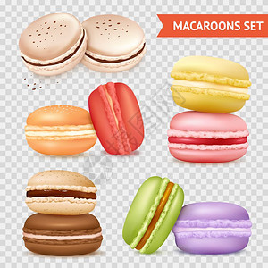 杏仁饼干透明套装马卡龙图像透明的背景上,两同颜色矢量插图的杏仁蛋糕图片