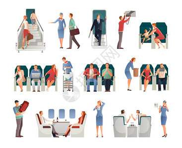 坐飞机的人坐飞机上的人,包括飞行员空姐座位上的乘客,者用手提行李隔离矢量插图图片