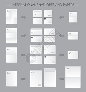文件纸张大小信息图表纸质文件与真实的图像邮件信封适当的空白纸张连接箭头矢量插图背景图片