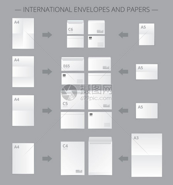 文件纸张大小信息图表纸质文件与真实的图像邮件信封适当的空白纸张连接箭头矢量插图图片