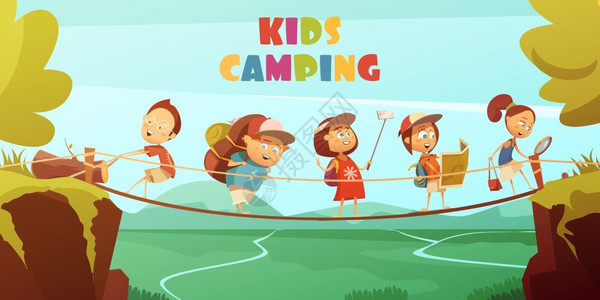 露营孩子的背景露营儿童背景与悬崖山谷桥梁卡通矢量插图图片