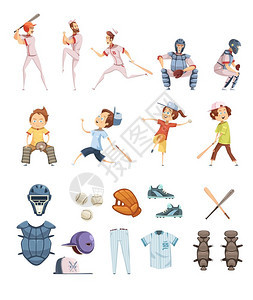 棒球卡通复古风格图标棒球图标卡通复古风格与玩男人孩子体育设备矢量插图图片