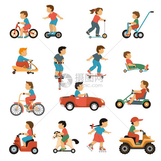 儿童运输图标儿童运输图标与活动游戏符号平孤立矢量插图图片