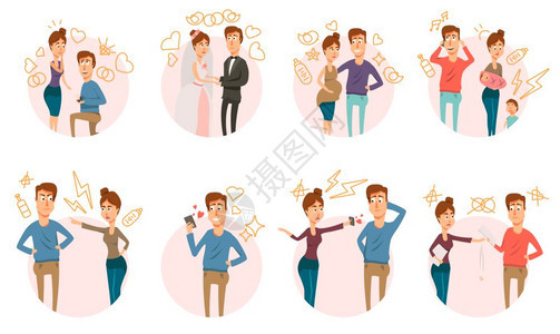 婚姻离婚图标收藏婚姻离婚过程圆形作文与伴侣夫妇涂鸦字符手绘标志矢量插图图片