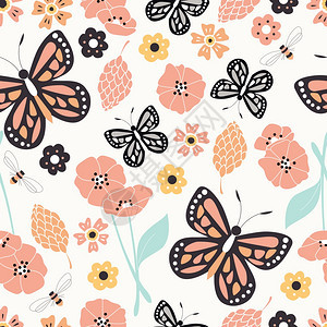 无缝图案与花卉,花卉元素蝴蝶,自然生活,矢量插图图片