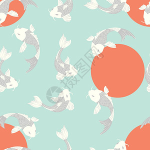 鲤鱼锦鲤鱼太阳的无缝图案,日本艺术,矢量插图图片