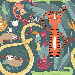 无缝图案与可爱的雨林动物,老虎,蛇,树懒,矢量插图图片
