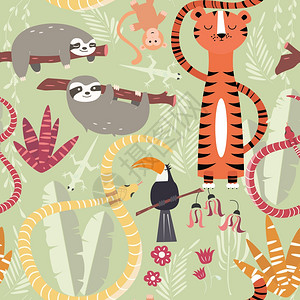 无缝图案与可爱的雨林动物,老虎,蛇,树懒,矢量插图图片