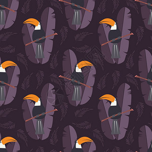 无缝图案与可爱的丛林鹦鹉巨嘴鸟紫色背景,矢量插图图片