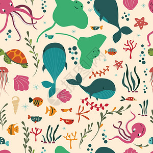 无缝图案与水下海洋动物,鲸鱼,章鱼,黄貂鱼,水母,彩色矢量插图图片