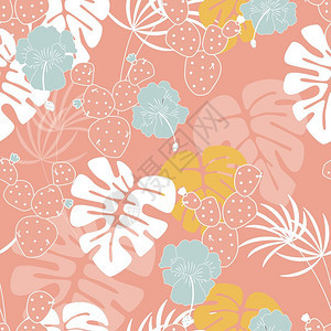 无缝热带图案与巨掌叶,植物,花仙人掌粉红色背景,矢量插图图片