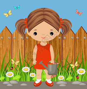 可爱的女孩带着浇水罐园艺矢量插图图片