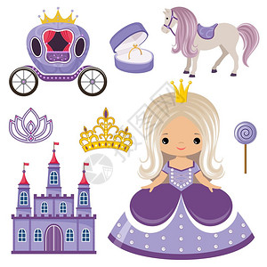 迪士尼梦幻公主床小可爱的矢量公主,城堡马车插画