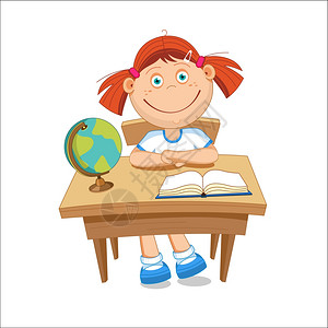 坐桌子旁的女学生桌子上的书球上矢量插图图片