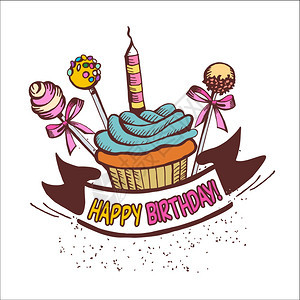 生日快乐老式贺卡上蛋糕,蝴蝶结蛋糕流行蜡烛的纸杯蛋糕模板,矢量插图图片
