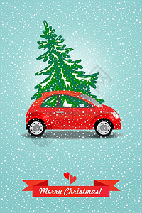 红色的车载着诞树矢量插图诞快乐图片