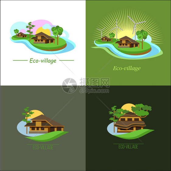 套矢量标识生态村生态屋郊区房地产风车品牌风格图片