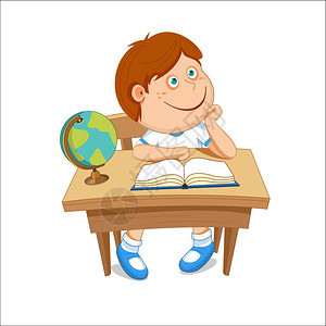 男孩坐桌子旁,桌子上本书地球仪,矢量插图图片
