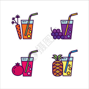 新鲜的果汁图标,水果蔬菜的天然果汁胡萝卜,葡萄,菠萝,石榴图片