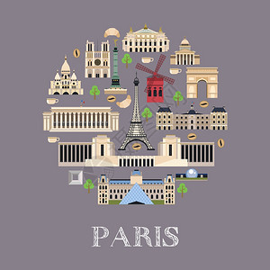 巴黎地标的矢量插图卢浮宫博物馆,万神殿,埃菲尔铁塔,凯旋门,巴斯蒂尔广场,大教堂,歌剧,母院,地方乔治庞皮杜,穆图片