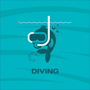 潜水带潜水器的鱼潜水员具矢量标志背景图片