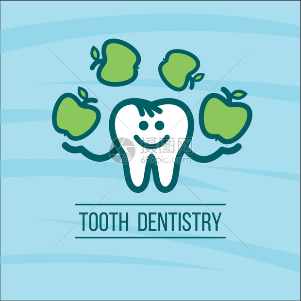 牙医牙齿青苹果变戏法牙科诊所的矢量标志