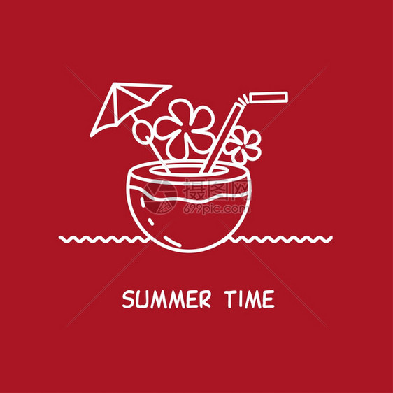 椰子里的鸡尾酒矢量标志,章,标志暑假时间图片
