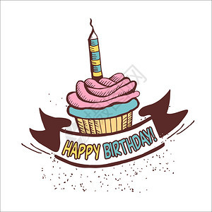 生日快乐带蜡烛的纸杯蛋糕的老式卡片模板,矢量插图图片
