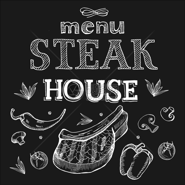 牛排餐厅菜单用粉笔黑板上画的牛排手绘矢量插图