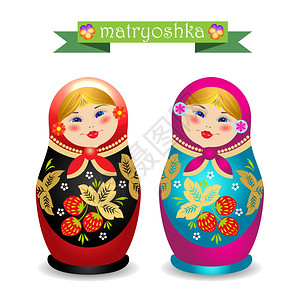 俄罗斯马托什卡娃娃霍洛马风格个品牌的俄罗斯传统装饰品,用于绘画木制的东西勺子,盘子等孤立地白色背景上图片