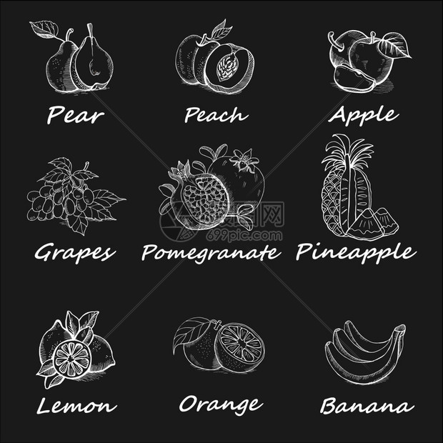 收集套粉笔手绘的水果黑板上