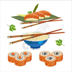 套矢量孤立插图,东方菜肴米饭,筷子,寿司卷图片