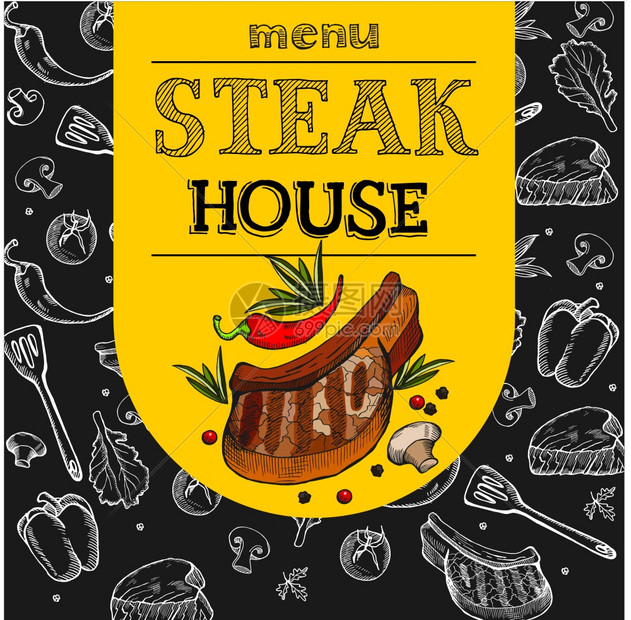 牛排馆矢量插图菜单的用粉笔黑板上画的牛排手绘矢量插图