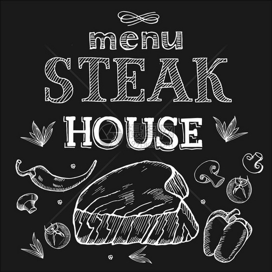牛排餐厅菜单矢量插图用粉笔黑板上画的牛排手绘矢量插图图片