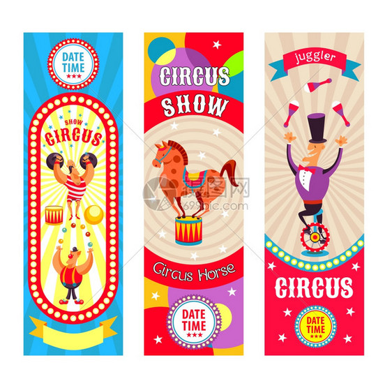 套五颜六色的马戏门票矢量人物马戏的表演者个强壮的人,个独轮车上的杂耍者,马,快乐的小丑图片