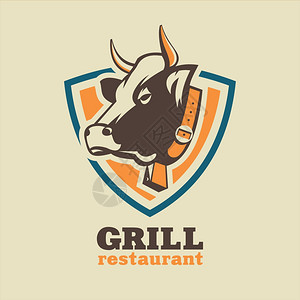 餐厅,烤架,牛肉菜肴新鲜的肉,牛排矢量标志与奶牛的图片图片