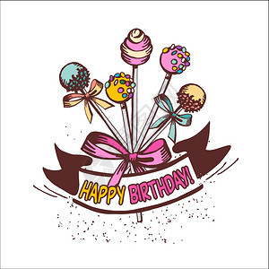生日快乐老式贺卡上蛋糕,蝴蝶结蛋糕流行模板,矢量插图图片