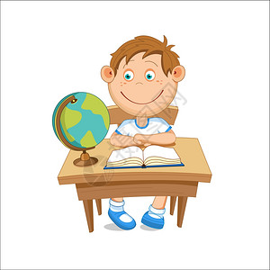 男孩坐桌子上看着个地球仪,矢量插图图片