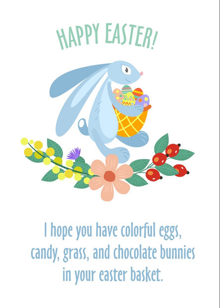 复活节快乐复活节卡片鸡蛋,花兔子带篮子愿望矢量插图白色背景上隔离图片