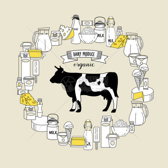 头牛套大的乳制品以个圆圈为导向健康食品机产品的矢量图图片