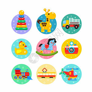 儿童玩具五颜六色的标志,贴纸矢量章包括卡车,金字塔,鸭子,电车,摆马,直升机,照相机,火车头图片