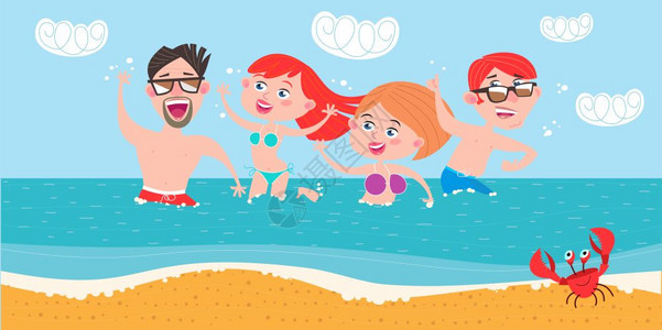 炎热的暑假轻人,男孩女孩海里游泳,享受夏天图片