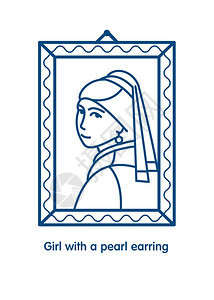带珍珠耳环的女孩艺术家维米尔的绘画图标矢量线图片